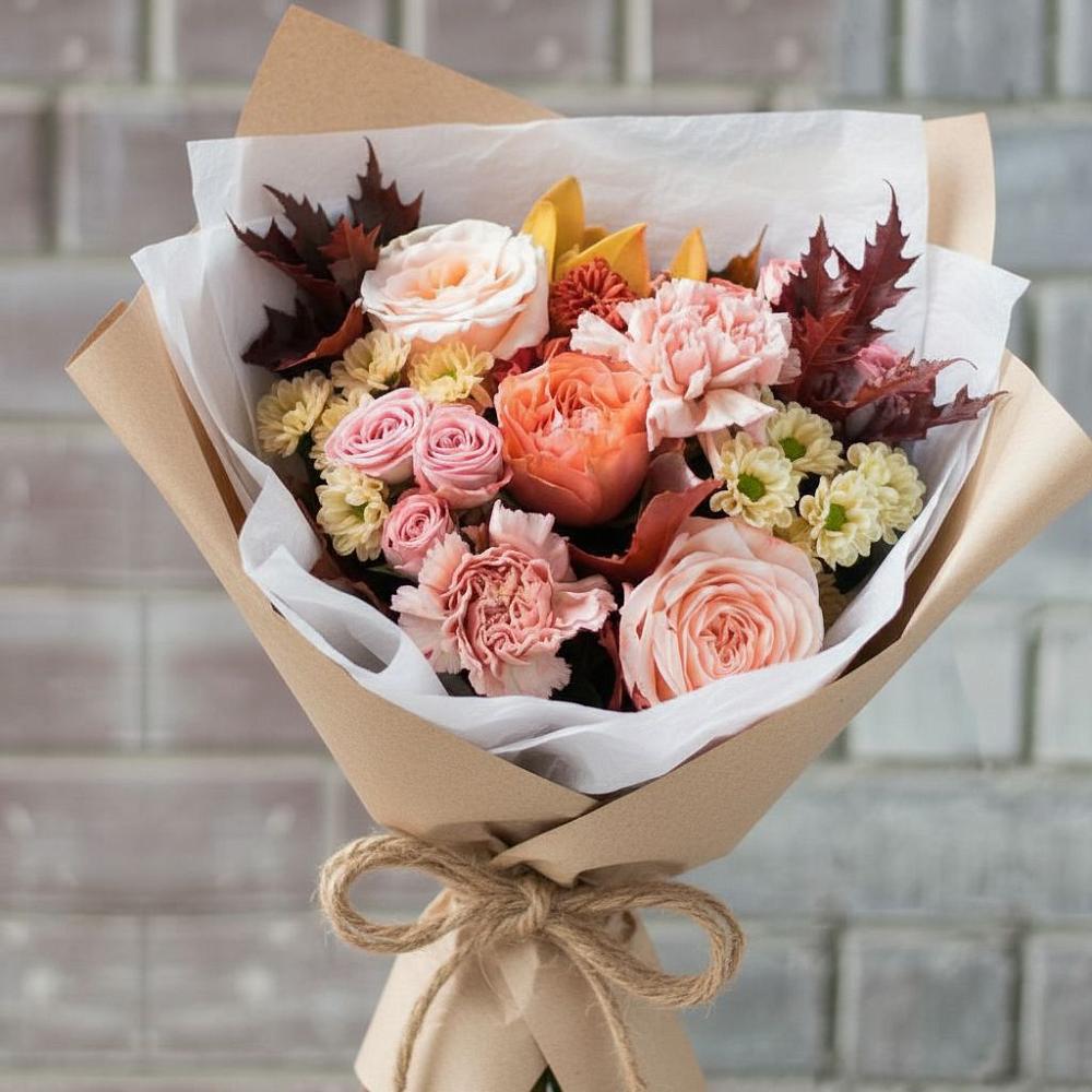 Букет осеннее настроение в Кезе Букет цветов из: Гвоздики, Хризантемы и Розы в Кезе