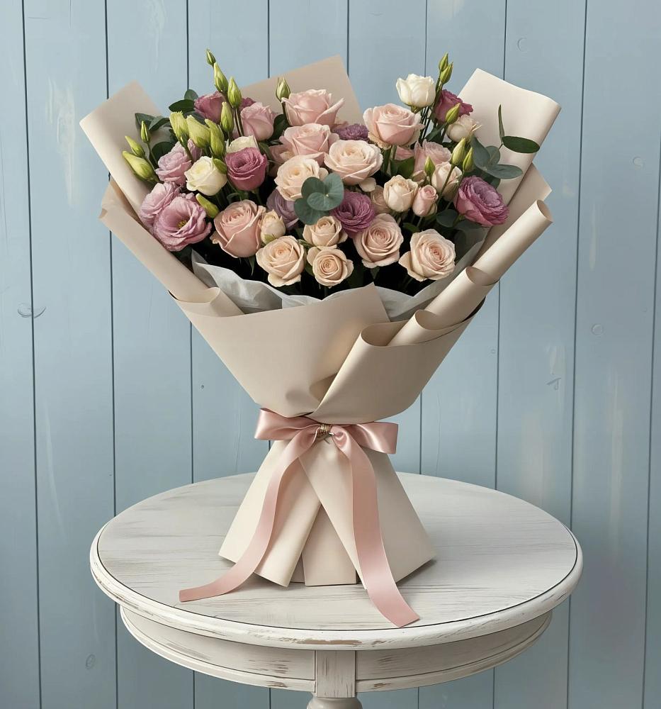 Букет бодрость в Кезе Букет цветов из: Розы и Лизиантусы в Кезе