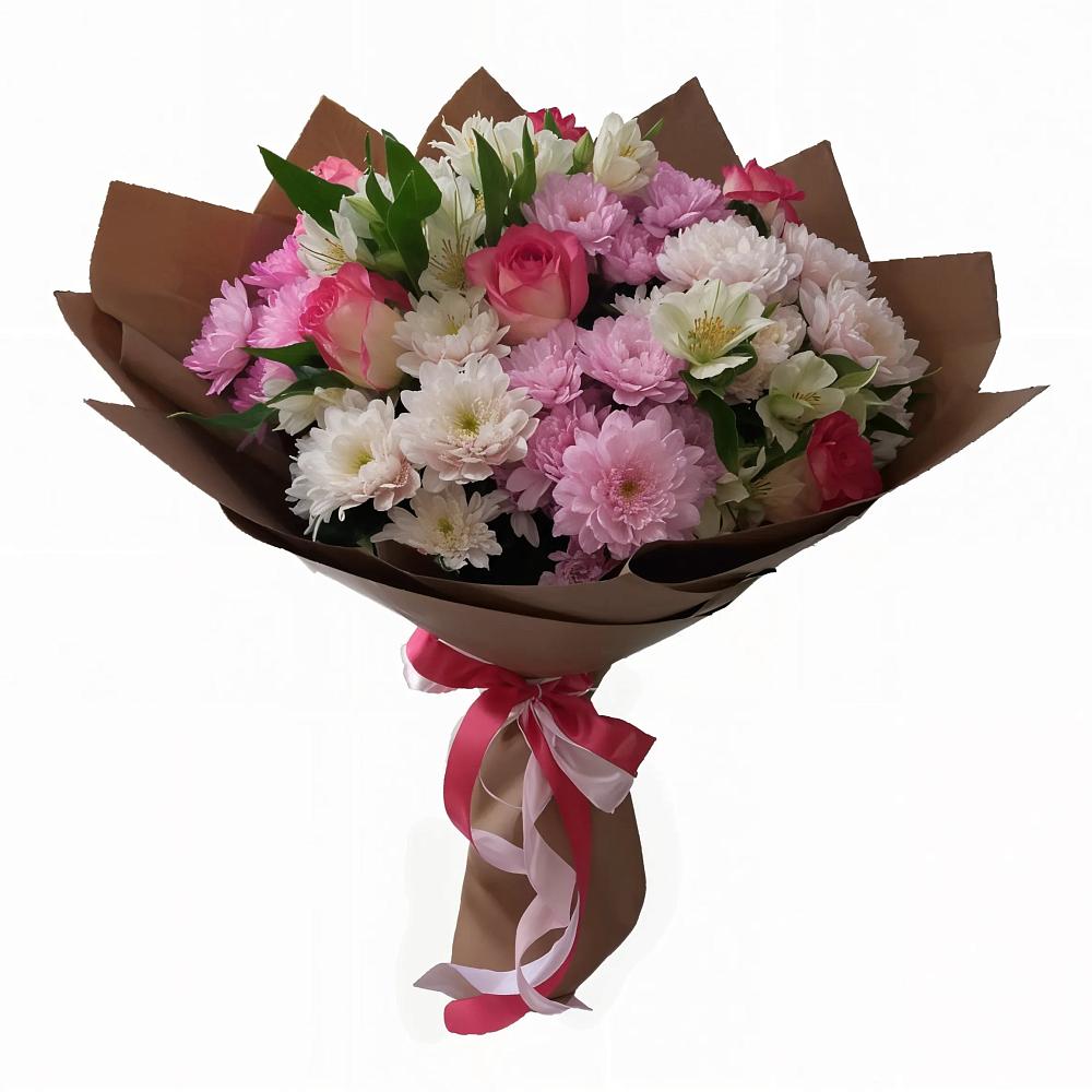 Букет Розовое очарование в Кезе Букет цветов из: Хризантемы, Альстромерии и Розы в Кезе
